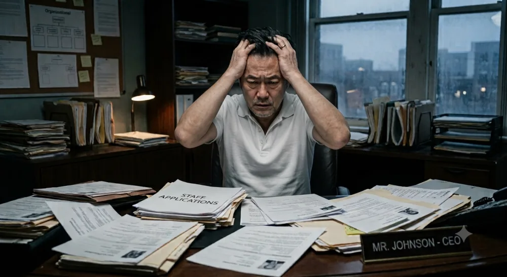 Distressed business owner overwhelmed by unscreened staff applications
