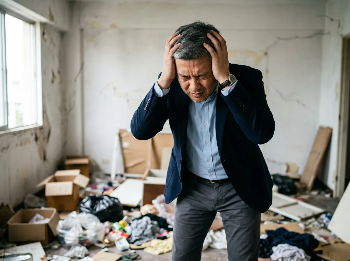 Distressed landlord in a damaged rental property