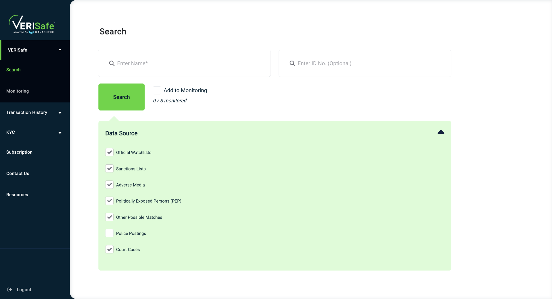 VERISafe search dashboard
